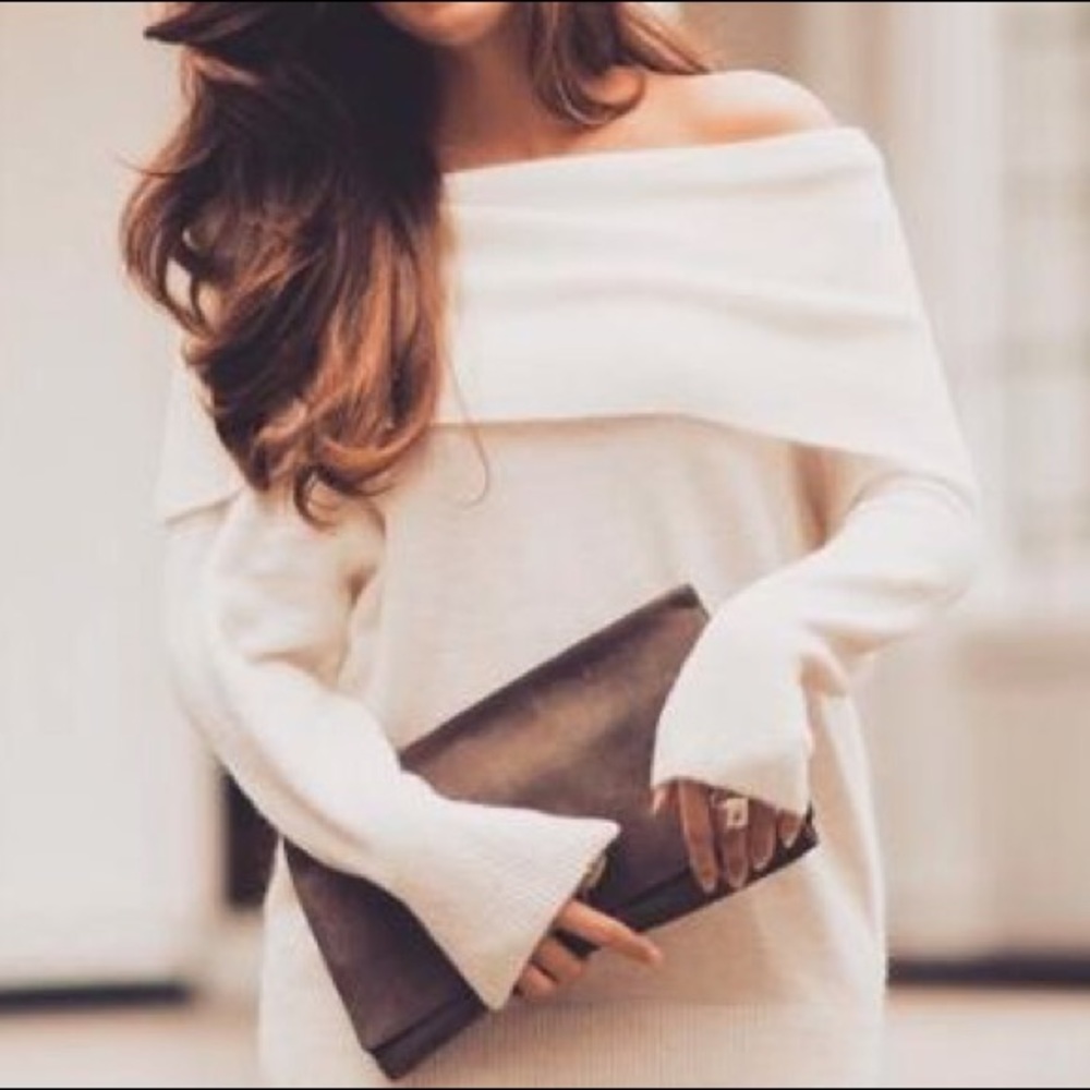 LEENA🌸 white off the shoulder fold over sweater - Picture 3 of 5